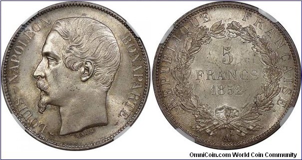 France, Second Republic (1848-1852), President Louis Napoleon Bonaparte, 5 Francs, 1852A. Paris mint. 