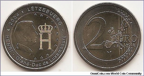 2 Euro
KM#85
8.5000 g., Bi-Metallic Nickel-Brass center in Copper-Nickel ring, 25.75 mm. Subject: Effigy and monogram of Grand-Duke Henri Obv: the coin depicts on the left hand of the inner part the effigy of His Royal Highness, the Grand-Duke Henri, looking to the right, and on the right hand the monogram of the Grand-Duke Henri (special letter 'H' topped with a crown). The 12 stars appear in semi-circular form at the right of the monogram. The year 2004, surrounded by the mint mark as well as the engraver's initials, and the word LËTZEBUERG are written in circular form at the top of the ring. The words 'HENRI — Grand-Duc de Luxembourg' appear at the bottom of the ring. Rev: 2 on the left-hand side, six straight lines run vertically between the lower and upper right-hand side of the face, 12 stars are superimposed on these lines, one just before the two ends of each line, superimposed on the mid - and upper section of these lines; the countries of Eurozone is represented on the right-hand side of the face; the right-hand part of the representation is superimposed on the mid-section of the lines; the word ‘EURO’ is superimposed horizontally across the middle of the right-hand side of the face. Under the ‘O’ of EURO, the initials ‘LL’ of the engraver appear near the right-hand edge of the coin. Edge: Reeded with 2 * *, repeated six times, alternately upright and inverted. Obv. designer: Patrice Bernabei Rev. designer: Luc Luycx