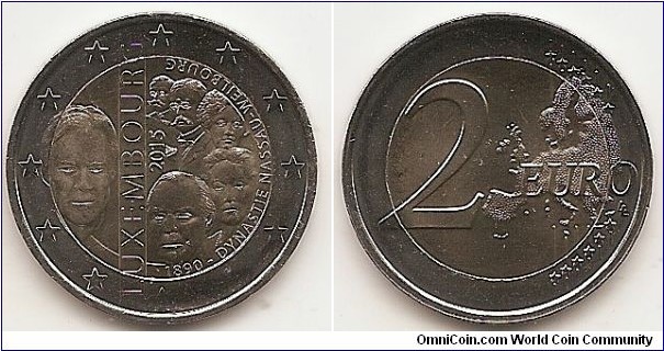 2 Euro
KM#NEW
8.5000 g., Bi-Metallic Nickel-Brass center in Copper-Nickel ring, 25.75 mm. Subject: 125th Anniversary of the Nassau-Weilburg Dynasty. Obv: On the left of the coin is the effigy of His Royal Highness Grand Duke Henri, and on the right, in a circular arrangement, and in chronological order of their accession to the throne, the portraits of their Royal Highnesses Grand Dukes Adolphe and Guillaume IV, Grand Duchesses Marie-Adélaïde and Charlotte, and Grand Duke Jean. To the right, also in circular format, is the inscription ‘1890 - Dynastie Nassau-Weilbourg’. The name of the issuing country, ‘Luxembourg’, and the year, ‘2015’, run vertically in the centre of the design. The coin’s outer ring bears the 12 stars of the European Union. Rev: 2 on the left-hand side, six straight lines run vertically between the lower and upper right-hand side of the face, 12 stars are superimposed on these lines, one just before the two ends of each line, superimposed on the mid - and upper section of these lines; the European continent ( extended ) is represented on the right-hand side of the face; the right-hand part of the representation is superimposed on the mid-section of the lines; the word ‘EURO’ is superimposed horizontally across the middle of the right-hand side of the face. Under the ‘O’ of EURO, the initials ‘LL’ of the engraver appear near the right-hand edge of the coin. Edge: Reeded with inscription 2 * *, repeated six times, alternately upright and inverted. Rev. designer: Luc Luycx