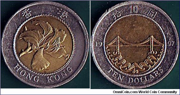 Hong Kong 1997 10 Dollars.

The last type for the Colony of Hong Kong.

Issued in sets only - but someone had spent this coin.

Metal fault on the obverse.