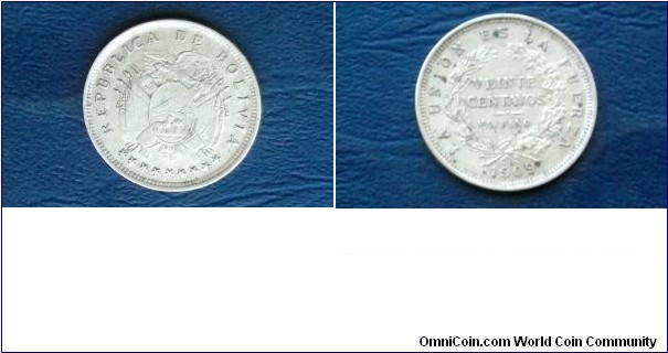 Sold !! Silver 1909-H BOLIVIA 20 Centavos National Arms Stars Nice Coin Go Here:

http://stores.ebay.com/Mt-Hood-Coins