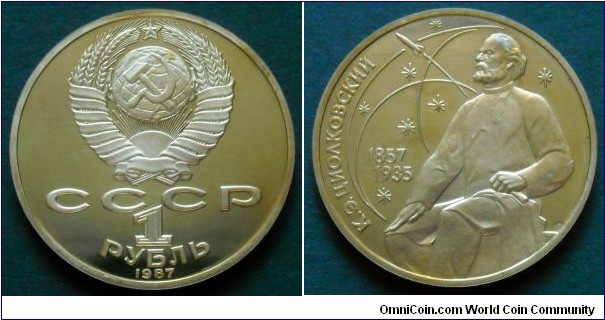 USSR 1 ruble 1987,
Konstantin Ciołkowski.
Cu-ni proof toned yellow.