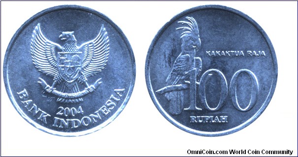 Indonesia, 100 rupiah, 2004, Al, 23.00mm, 1.79g, Palm Cockatoo.
