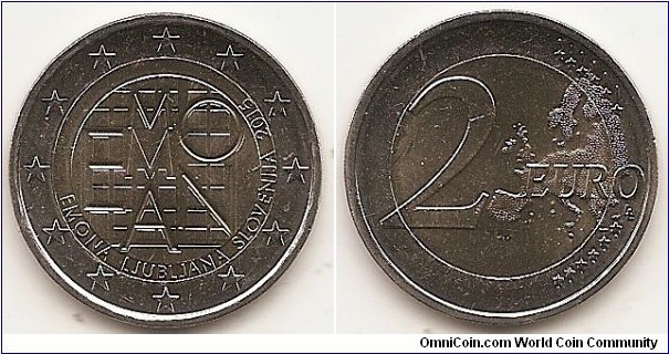 2 Euro
KM#NEW
8.5000 g., Bi-Metallic Nickel-Brass center in Copper-Nickel ring, 25.75 mm. Subject : 2000th Anniversary of the Founding of Emona Obv: The central image of the coin is the composition of letters that form the word 'EMONA' or 'AEMONA' and a stylized design of Emona. At the bottom, in circular sense, the inscription 'EMONA LJUBLJANA SLOVENIJA 2015'. The coin’s outer ring bears the 12 stars of the European Union. Rev: 2 on the left-hand side, six straight lines run vertically between the lower and upper right-hand side of the face, 12 stars are superimposed on these lines, one just before the two ends of each line, superimposed on the mid - and upper section of these lines; the European continent ( extended ) is represented on the right-hand side of the face; the right-hand part of the representation is superimposed on the mid-section of the lines; the word ‘EURO’ is superimposed horizontally across the middle of the right-hand side of the face. Under the ‘O’ of EURO, the initials ‘LL’ of the engraver appear near the right-hand edge of the coin. Edge: Reeded with inscription SLOVENIJA • Obv. designer: Matej Ramšak Rev. designer: Luc Luycx