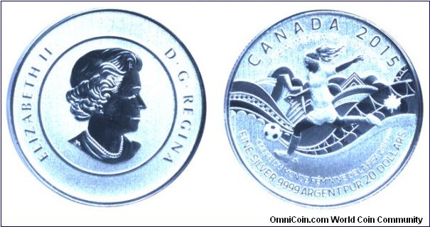 Canada, 20 dollars, 2015, Ag, 27.00mm, 7.96g, Queen Elizabeth II, FIFA Women's World Cup 2015.