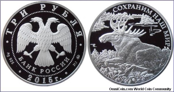 3 Rubles - Moose - 33.94 g 0.925 silver Proof - mintage 5,000