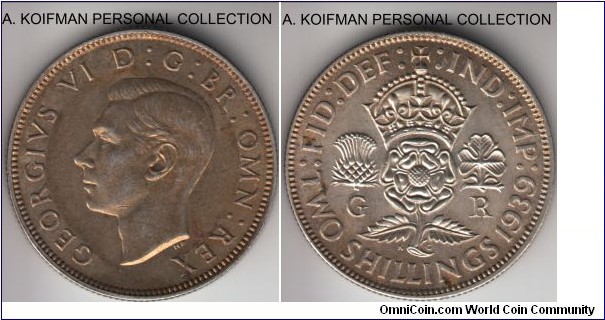 KM-855, 1939 Great Britain florin (2 shillings); silver, reeded edge; good toned extra fine, toning and luster are better than shown on the scan.