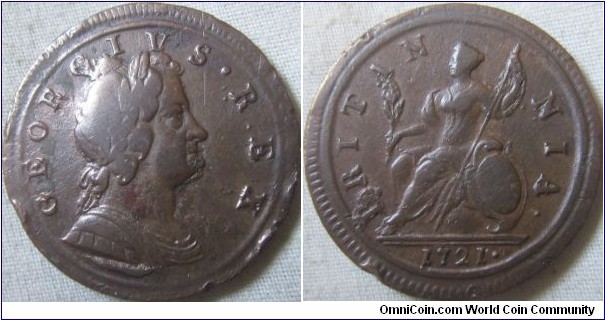 1721. halfpenny, scarce but hard to find in higher grades
