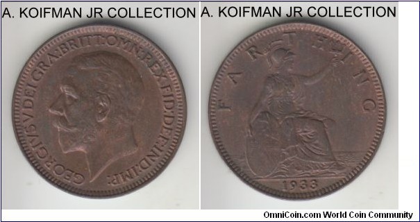 KM-825, 1933 Great Britain farthing; bronze, plain edge; George V, light brown uncirculated.