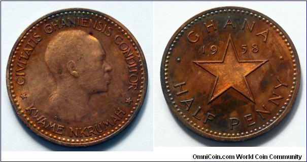 Ghana 1/2 penny.
1958, Bronze.
Proof toned.
Mintage: 20.000 pieces.