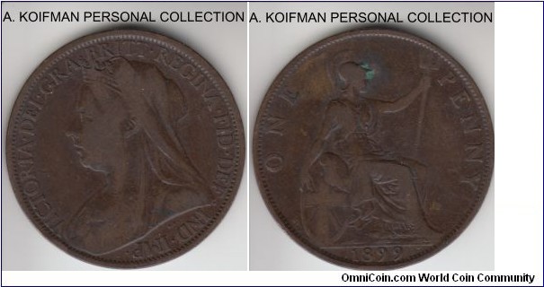 KM-790, Great Britain penny; bronze, plain edge; dark brown well circulated.