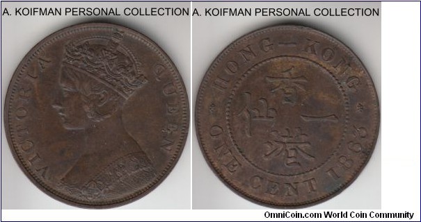 KM-4.1, 1863 Hong Kong cent; bronze, plain edge; dark extra fine to about uncirculated, first year of the type.
