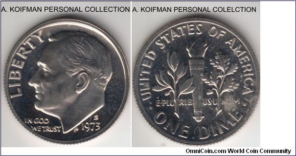 KM-195a, 1973 United States of America 10 cents (dime), San Francisco mint (S mintmark); proof, copper-nickel clad copper, reeded edge; scans show all the fault that are not otherwise seen on this typical proof coin.