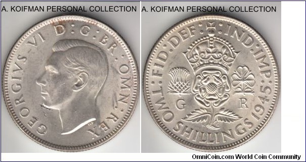 KM-855, 1945 Great Britain florin (2 shillings); silver, reeded edge; average uncirculated, but injection impact on obverse.