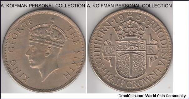 KM-24, 1951 Southern Rhodesia half crown; copper-nickel, reeded edge; uncirculated, some toning, but good coin overall.