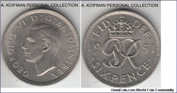 KM-875, 1951 Great Britain 6 pence; copper-nickel, reeded edge; late George VI, last type, nice bright uncirculated.
