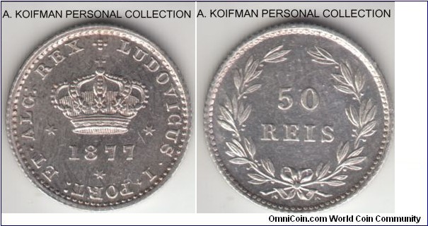 KM-506.2, 1877 Portugal 50 reis; silver, reeded edge; uncirculated or about, proof like, smaller mintage of 100,000.