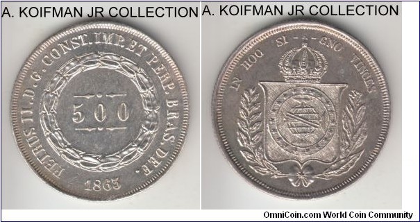 KM-464, 1863 Brazil 500 reis; silver, reeded edge; Pedro II, toned uncirculated, small edge mint scrape on obverse rim.