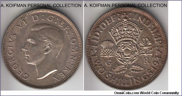 KM-866, 1937 Great Britain florin (2 shillings); silver, reeded edge; first year of George VI rule, average uncirculated, nice toning.