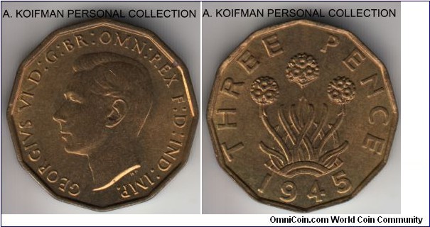KM-849, 1945 Great Britain 3 pence; nickel-brass, 12-sided flan, plain edge; bright red uncirculated, not as scarce as 1946, but smaller mintage year.