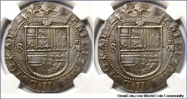 Spain, Felipe II el Prudente, cob 8 Reales, ND (1556-1598). 37mm. Sevilla (Seville) mint; mint mark: S/quadrate D. Crowned coat-of-arms; S to left; annulet over VIII (denomination) to right / Quartered arms within polylobe; quadrate D to lower right. ME# 3949. In NGC encapsulation graded XF45.