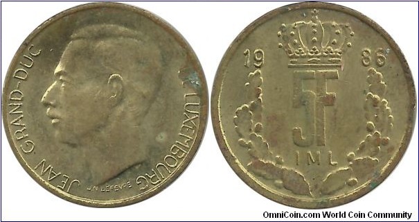 Luxembourg 5 Francs 1986-large crown