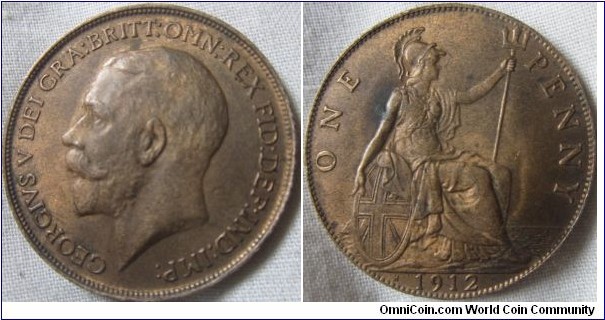 1912 H penny EF grade, full lustre bar dark spot on reverse