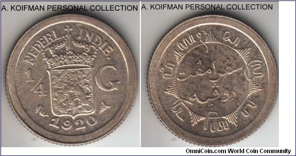 KM-312, 1920 Netherlands East Indies 1/4 gulden; silver, reeded edge; uncirculated or almost, some reverse toning.