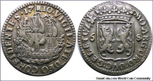 Netherlands, Gelderland, 6 Stuivers or Scheepjesschelling, 1710. Verkade 15.5, de Voogt 390, HNPM.103, CNM.2.17.169. Good very fine. 
