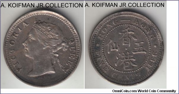 KM-5, 1888 Hong Kong 5 cents; silver, reeded edge; Victoria, good very fine to extra fine.