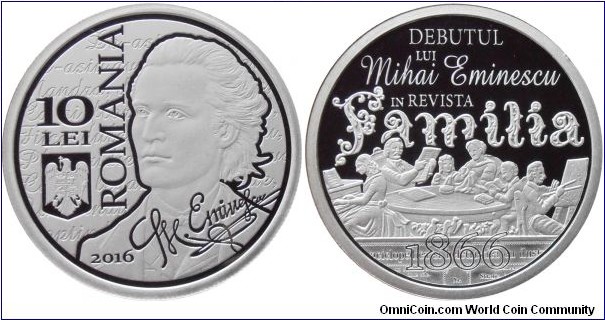 10 Lei - Mihai Eminescu - 31.1 g 0.999 silver Proof - mintage 200 pcs only !