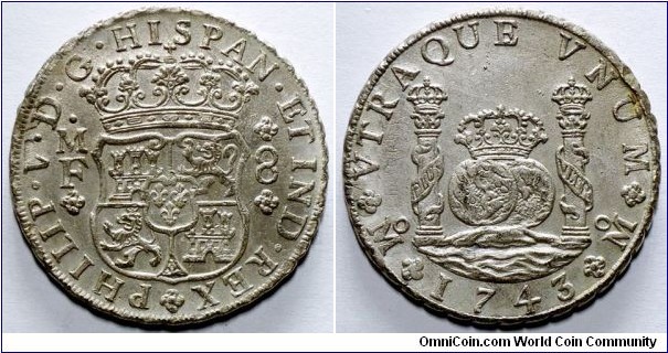 Spanish colonial, Mexico, Philip V, 8 Reales, 1743. Assayer: M.F., Mexico city mint. KM# 103.