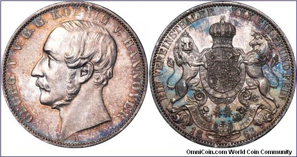German States - Hannover, Georg V, Taler, 1863. 18.54g, 33mm, 90% silver. AKS# 144; Thun# 174; Kahnt# 239; KM# 230. 