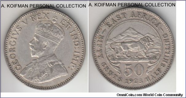 KM-20, 1923 East Africa 50 cents; silver, reeded edge; George V, ket date for the series with smallest mintage, good extra fine to about uncirculated.