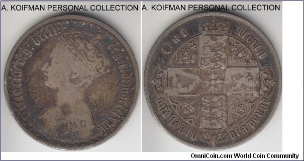 KM-746.2, 1868 Great Britain florin; silver, reeded edge; die #27, fine but nice looking, scarcer first year of the type.