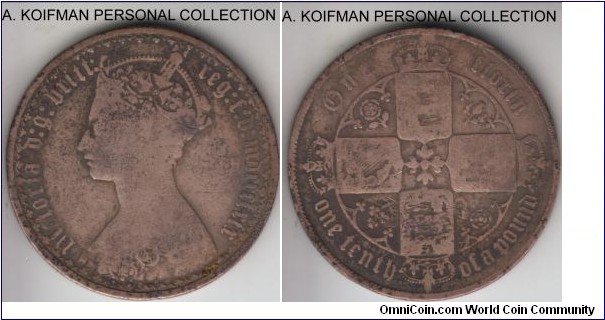 KM-746.2, 1869 Great Britain florin; silver, reeded edge; die #2, very good to fine, key year, smallest mintage of the type, just 297,000.