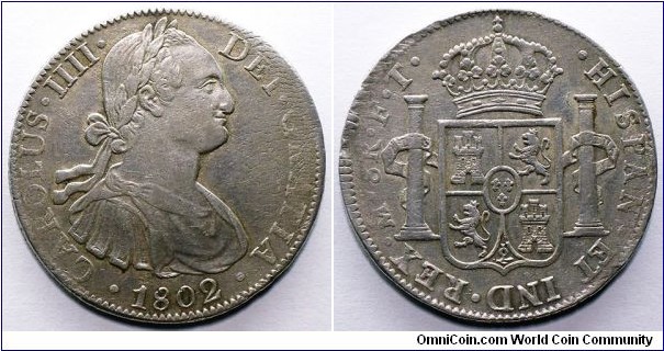 Spanish colonial, Mexico, Charles IV, 8 Reales, 1802. 26.88g, 39mm, Silver. Assayer: F.T. Mexico city mint. KM# 109, Cayon# 13934, C.C.T.# 658. Good very fine.