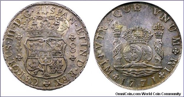 Spanish colonial, Peru, Charles III, 8 Reales, 1771. 27.12g, 39.32mm, silver. Assayer: J.M., Mint mark: LMA (Lima mint). KM# 64.2. With dot above left mint mark only.
