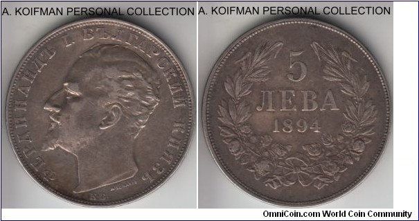 KM-18, 1894 Bulgaria 5 leva, KM mint mark; silver, lettered edge; large crown size coin, natural toning, good very fine or so.
