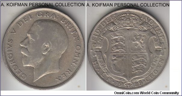 KM-818.2, 1925 Great Britain 1/2 crown; silver, reeded edge; scarce issue, smallest mintage of the type, out of circulation, probably fine.