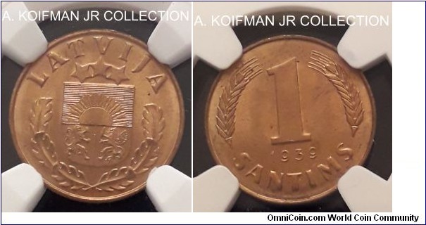 KM-10, 1939 Latvia santims; bronze, plain edge; first Republic, red uncirculated, NGC graded MS 65+ RD.