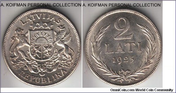 KM-8, 1925 Latvia 2 lati; silver, reeded edge; about uncirculated, lots of luster.