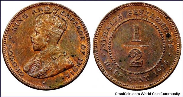 British crown colony, Straits Settlements, George V, 1/2 Cent, 1916.