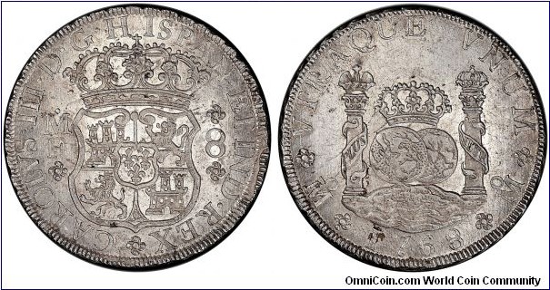 Spanish colonial, Mexico, Charles III, 8 Reales, 1768. Assayer: M.F., Mexico city mint. Calico# 908. Uncirculated. 
