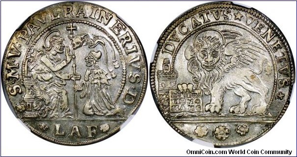 Italian States, Venice. Paolo Renier (1779-1789), Ducato. Silver. S. M. V. PAVL. RAINERIVS. D. St. Mark seated at left presenting staff with cross and pennant at top to doge kneeling at right, mintmaster's initials in exergue: *L·A·F* (mint master L. A. Foscarini)] / DVCATVS. VENETVS. Lion of St. Mark striding to left, head facing forward, left paw resting on open book, above which is a castle on a hill. KM# 706; Dav# 1567. NGC MS62. Rare in this condition.