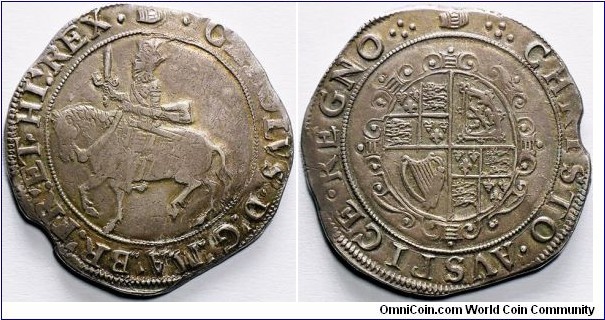 England, House of Stuart, Charles I (1625-1649), Halfcrown. 14.76g, 35mm, Silver. Group III, type 3a1. Tower (London) mint; im: tun. Struck 1636-1638. · (tun) · CAROLVS · D’· G’· MA’· BR’· FR’· ET · HI’· REX, Charles on horseback left, holding reins with left hand and sword in right / ·:· (tun) ·:· CHRISTO · AVSPICE · REGNO, oval coat-of-arms. Bull 297d/23 (this coin illustrated); Brooker 34-5 var. (rev. legend stops); North 2211; SCBC 2773. Toned. Very fine. Ex V.J.E. Ryan Collection (Part II, 22 January 1952), lot# 1094.