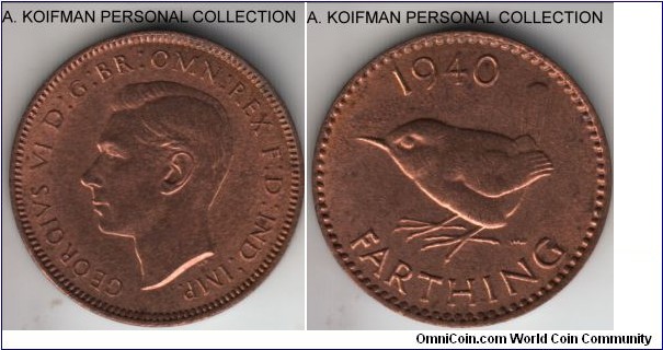 KM-843, 1940 Great Britain farthing; bronze, plain edge; average uncirculated, red but for a small brownish streak on reverse.