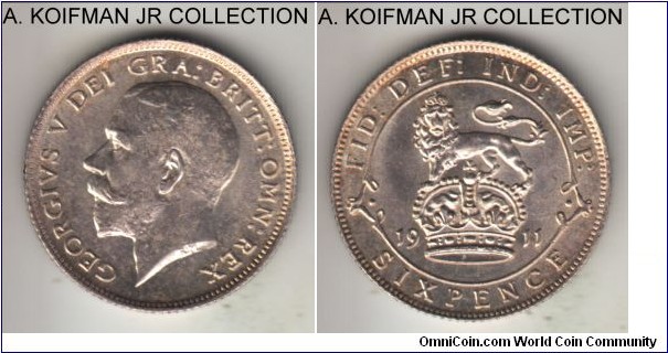 KM-815, 1911 Great Britain 6 pence; silver, reeded edge; George V, first year and common, nice bright uncirculated.