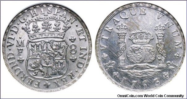 Spanish colonial, Mexico, Ferdinand VI, 8 Reales, 1753. Assayer: M.F., Mexico city mint. KM# 104.1. NGC MS63.