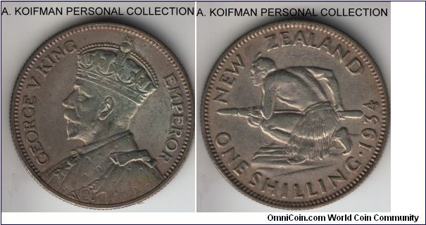 KM-3, 1934 New Zealand shilling; silver, reeded edge; unusually toned good very fine.
